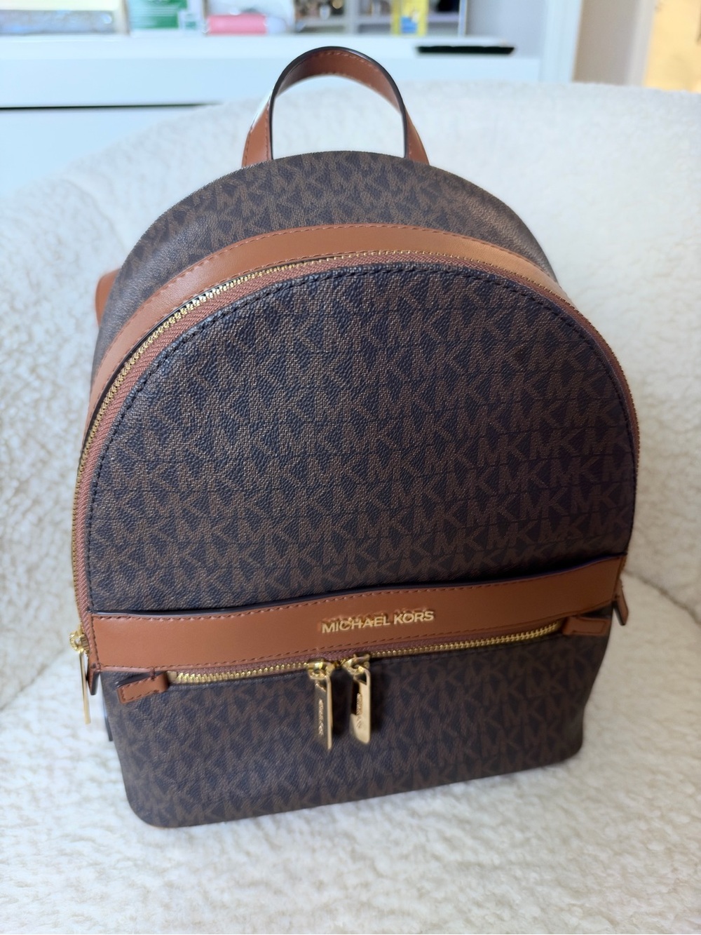 MICHAEL KORS Brown Logo Mini Backpack with Tan Trim